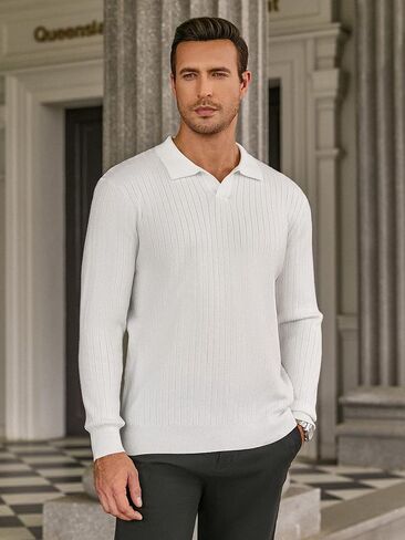 Hardaddy Men's Ribbed Knit Sweater Collared V Neck Polo Shirts Casual Long Sleeve Polo Sweater Solid Pullover Tops in Saudi Arabia