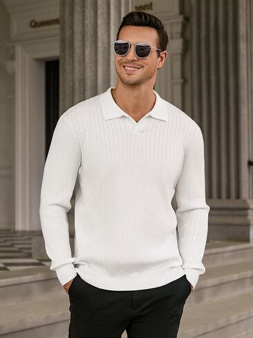 Hardaddy Men's Ribbed Knit Sweater Collared V Neck Polo Shirts Casual Long Sleeve Polo Sweater Solid Pullover Tops in Saudi Arabia
