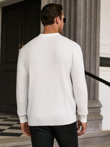 Hardaddy Men's Ribbed Knit Sweater Collared V Neck Polo Shirts Casual Long Sleeve Polo Sweater Solid Pullover Tops in Saudi Arabia