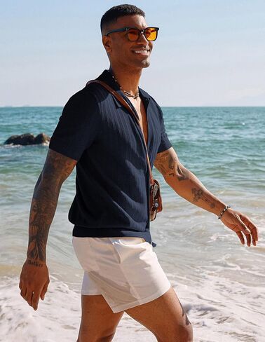 PJ PAUL JONES Mens Knit Shirt Short Sleeve Summer Hollow Out Shirt Beach Button Down Shirt in Saudi Arabia