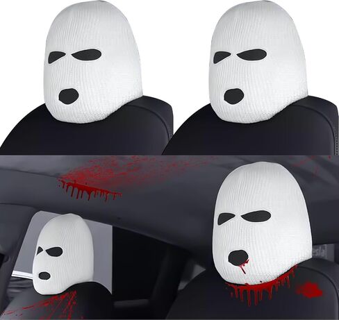 Xotic Tech 2Pcs Car Funny Decoration Spoof Balaclava Face Headrest Cover, Scary Bank Robber Costume Front Seat Head Rest Protector, Halloween Bandit Mask Auto Accessories Universal for Most Car-White in Saudi Arabia