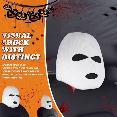 Xotic Tech 2Pcs Car Funny Decoration Spoof Balaclava Face Headrest Cover, Scary Bank Robber Costume Front Seat Head Rest Protector, Halloween Bandit Mask Auto Accessories Universal for Most Car-White in Saudi Arabia