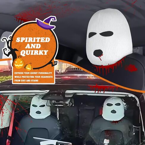 Xotic Tech 2Pcs Car Funny Decoration Spoof Balaclava Face Headrest Cover, Scary Bank Robber Costume Front Seat Head Rest Protector, Halloween Bandit Mask Auto Accessories Universal for Most Car-White in Saudi Arabia