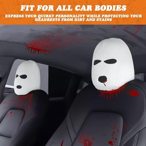 Xotic Tech 2Pcs Car Funny Decoration Spoof Balaclava Face Headrest Cover, Scary Bank Robber Costume Front Seat Head Rest Protector, Halloween Bandit Mask Auto Accessories Universal for Most Car-White in Saudi Arabia