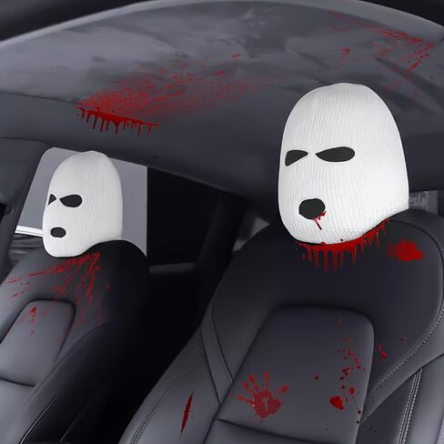 Xotic Tech 2Pcs Car Funny Decoration Spoof Balaclava Face Headrest Cover, Scary Bank Robber Costume Front Seat Head Rest Protector, Halloween Bandit Mask Auto Accessories Universal for Most Car-White in Saudi Arabia