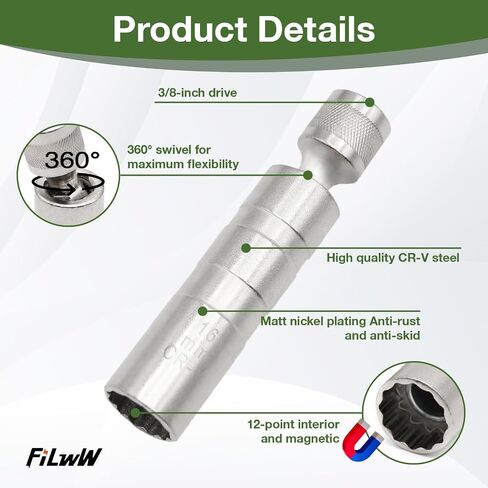 16mm Magnetic Spark Plug Socket, 360-degree Universal Joint 3/8-Inch Drive 12 Point Magnetic Swivel Socket Removal Tool Compatible with Motorcycle,Car,SUV in Saudi Arabia