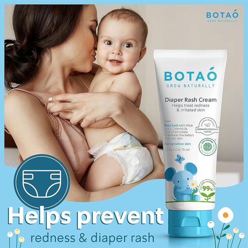 BOTAO Baby's Natural Diaper Cream | Organic Diaper Cream EWG Verified | Naturally Soothes Baby Rashes | Baby zinc Ointment Natural | For Sensitive Skin with Aloe Vera & Calendula, 2.5Oz in Saudi Arabia