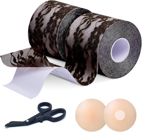 Boob Tape (2 Rolls) with Elegant Lace Covering | Boobytape for Breast Lift, Push Up, and Invisible Support in Saudi Arabia
