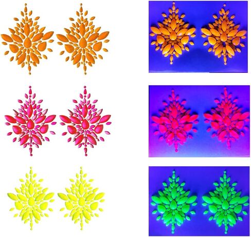 3 أزواج من فطائر حجر الراين المتوهجة باللون الأسود الفاتح والأصفر النيون/الأخضر والوردي والبرتقالي - ذاتية اللصق قابلة لإعادة الاستخدام - أغطية الحلمات، ألوان زاهية | زي EDC | الزي الهذيان | كلوبوير in Kuwait
