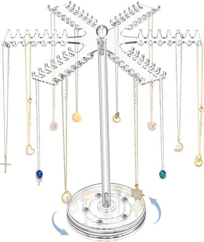 OAOLEER Rotating Acrylic Necklace Organizer，Clear Necklace Holder Stand，Jewelry Organizer Display Tree Hanger Rack with 84 Hooks for Necklaces Chain Pendant Bracelets Ring Watch in Kuwait