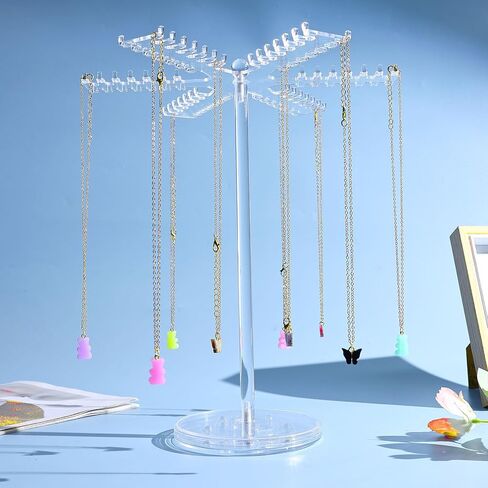 OAOLEER Rotating Acrylic Necklace Organizer，Clear Necklace Holder Stand，Jewelry Organizer Display Tree Hanger Rack with 84 Hooks for Necklaces Chain Pendant Bracelets Ring Watch in Kuwait