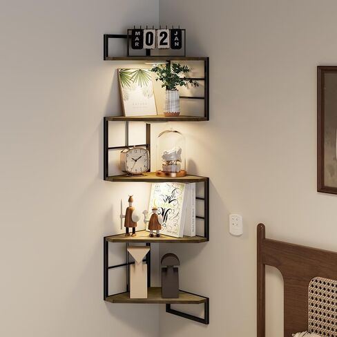 Floating Corner Shelves with Light - 5 Tiers Metal Corner Shelf Wall Mounted for Bedroom Living Room Office Kitchen, Easy-to-Assemble Corner Wall Shelves in Saudi Arabia