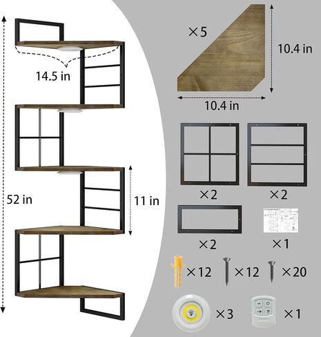 Floating Corner Shelves with Light - 5 Tiers Metal Corner Shelf Wall Mounted for Bedroom Living Room Office Kitchen, Easy-to-Assemble Corner Wall Shelves in Saudi Arabia