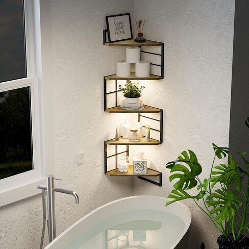 Floating Corner Shelves with Light - 5 Tiers Metal Corner Shelf Wall Mounted for Bedroom Living Room Office Kitchen, Easy-to-Assemble Corner Wall Shelves in Saudi Arabia