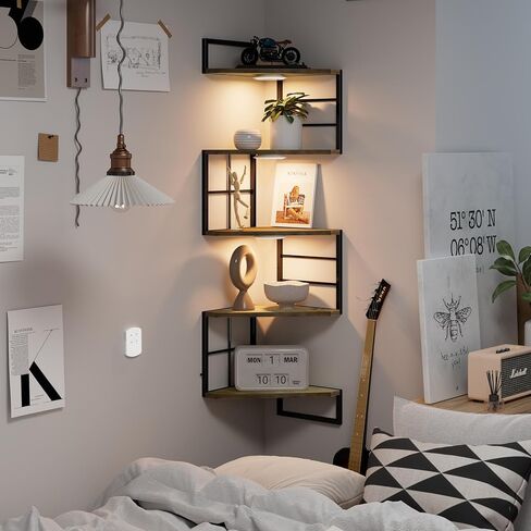 Floating Corner Shelves with Light - 5 Tiers Metal Corner Shelf Wall Mounted for Bedroom Living Room Office Kitchen, Easy-to-Assemble Corner Wall Shelves in Saudi Arabia