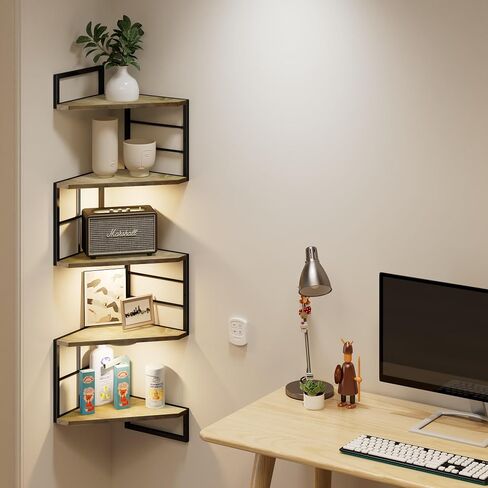 Floating Corner Shelves with Light - 5 Tiers Metal Corner Shelf Wall Mounted for Bedroom Living Room Office Kitchen, Easy-to-Assemble Corner Wall Shelves in Saudi Arabia