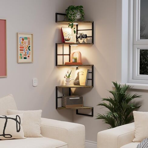 Floating Corner Shelves with Light - 5 Tiers Metal Corner Shelf Wall Mounted for Bedroom Living Room Office Kitchen, Easy-to-Assemble Corner Wall Shelves in Saudi Arabia