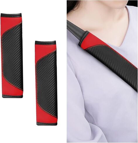 2PCS Car Seat Belt Cover, Soft Carbon Fiber Leather Safety Belt Shoulder Strap Pads, Breathable Seat Belt Strap Cushion Protect Your Neck and Shoulder, Suitable for Most Cars (Black+Red) in Saudi Arabia
