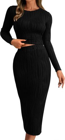 dowerme Women's Fall 2 Piece Outfits Casual Long Sleeve Crewneck Crop Tops Knit High Waist Bodycon Slit Midi Skirt Sets in Saudi Arabia