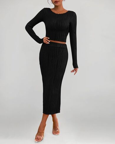 dowerme Women's Fall 2 Piece Outfits Casual Long Sleeve Crewneck Crop Tops Knit High Waist Bodycon Slit Midi Skirt Sets in Saudi Arabia