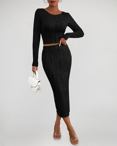 dowerme Women's Fall 2 Piece Outfits Casual Long Sleeve Crewneck Crop Tops Knit High Waist Bodycon Slit Midi Skirt Sets in Saudi Arabia