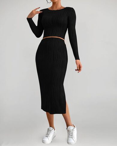 dowerme Women's Fall 2 Piece Outfits Casual Long Sleeve Crewneck Crop Tops Knit High Waist Bodycon Slit Midi Skirt Sets in Saudi Arabia