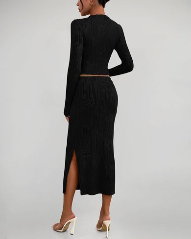 dowerme Women's Fall 2 Piece Outfits Casual Long Sleeve Crewneck Crop Tops Knit High Waist Bodycon Slit Midi Skirt Sets in Saudi Arabia