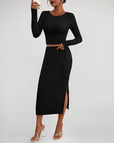 dowerme Women's Fall 2 Piece Outfits Casual Long Sleeve Crewneck Crop Tops Knit High Waist Bodycon Slit Midi Skirt Sets in Saudi Arabia