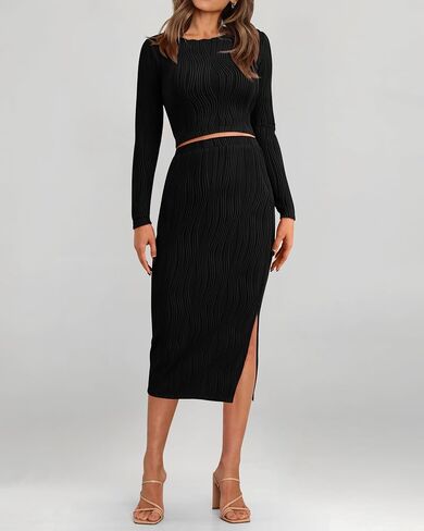 dowerme Women's Fall 2 Piece Outfits Casual Long Sleeve Crewneck Crop Tops Knit High Waist Bodycon Slit Midi Skirt Sets in Saudi Arabia