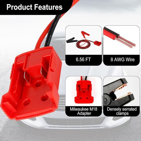 كابلات Jumper Starter للسيارة، مع محول بطارية سيارة مقاس 8 بطول 6.5 قدم مناسب لبطارية Milwaukee M18 18V، مناسب للشاحنات الخفيفة للسيارات متوسطة الحجم in Kuwait