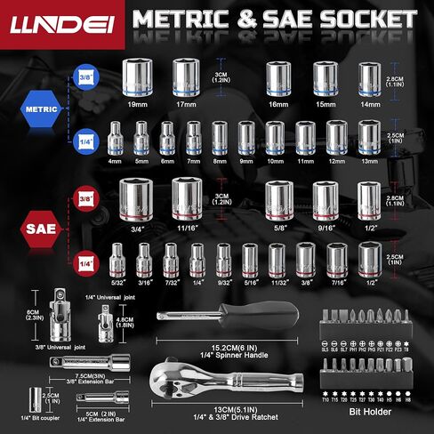 LLNDEI 48 Piece 1/4 Inch Mini Socket Ratchet Wrench Set, Metric Shallow Socket (4-14mm) 6-Point,with 72 Teeth Mini Ratcheting Wrench, Screwdriver Bit Set, Universal Joints and 3 Inch Extensions in Saudi Arabia