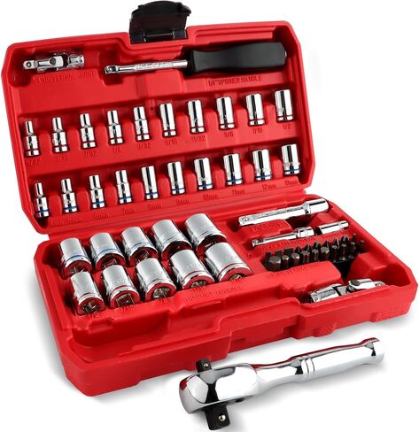 LLNDEI 48 Piece 1/4 Inch Mini Socket Ratchet Wrench Set, Metric Shallow Socket (4-14mm) 6-Point,with 72 Teeth Mini Ratcheting Wrench, Screwdriver Bit Set, Universal Joints and 3 Inch Extensions in Saudi Arabia