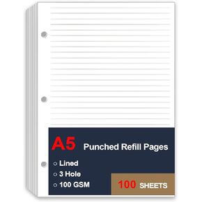 A5 Lined Paper Refill, 3 Hole Refill Paper, A5 Filler Paper, 100 Sheets/200 Pages Loose Leaf Paper for Filofax Planner Refills, Organizer, Binders, 100gsm Paper, 5.8 x 8.2 Inch