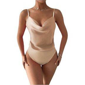 MakeMeChic Women's Draped Front Satin Bodysuit Sleeveless Spaghetti Strap Tank Tops Shirts