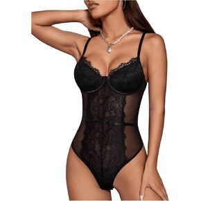 SweatyRocks Women's Bodysuit See Through Mesh Sleeveless Lace Cami Jumpsuit Shirts Top