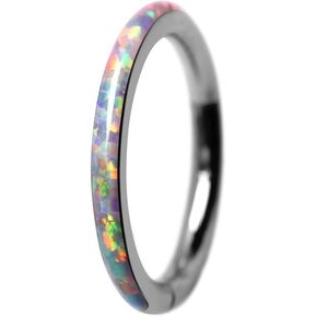 16 Gauge Iridescent White Synthetic Opal Seamless Clicker Ring For Septum, Cartilage, Lip Ring and More 316L Surgical Stainless Steel