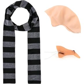 3 Pcs Black Gray Striped Scarf Fake Witch Nose Bald Head Cap for Adults Men Halloween Party Costume Dress up