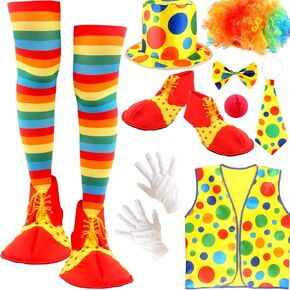 9 Pcs Adult Clown Costume Set Clown Vest Nose Shoes Hat Bow Tie and White Gloves for Men Women Halloween Cosplay Pretend Play Parties