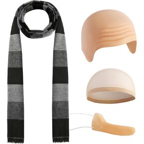 4Pcs Costume Accessories Adults Black Gray Striped Scarf Fake Nose Latex Bald Head Wig Cap Halloween Party Set