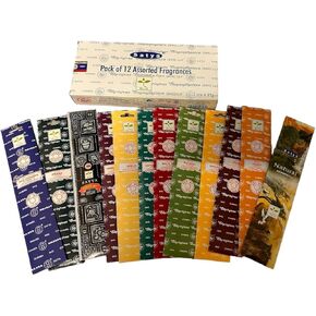 Satya Incense Flat-Packaging Set of 12 Nag Champa, Super Hit, Sacred Sandalwood, Pure Patchouli, Mystic Rose, Vanilla, Prana, Natural, French Lavender, Opium, Egyptian Jasmine, Champa, VarietyPack01