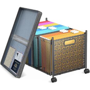 صندوق منظم الملفات، صندوق ملفات كبير لتعليق الحروف/ملف الحجم القانوني، صندوق تخزين مجلد الملفات مع عجلات، صندوق ملفات مزخرف للمكتب/الديكور/المنزل، معدني