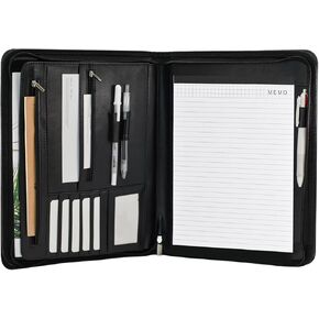 VANRA Zippered Padfolio for Men Leather Portfolio for Women Binder Organizer Interview Resume Folder for Papers Document Holder Planner Binder A4 Letter Size with Notepad, Black