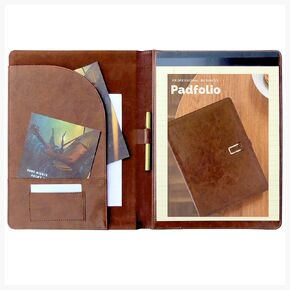 Office Werks Professional Business Padfolio/Resume Portfolio Folder with Letter Size Writing Pad, 8.5 x 11 Writing Pad, Premium Leather Look and Feel, with Business Card Holder Inside, Brown