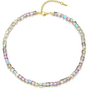 COOLSTEELANDBEYOND Glamorous Colorful Rainbow Crystal Cube Beads Necklace, Collar Necklace