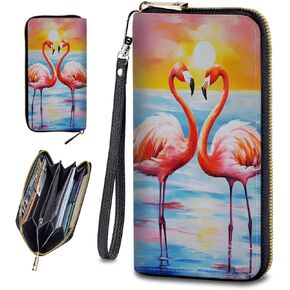 Wristlet Wallets For Women With Card Holder Zipper Pocket,Slim PU Leather Cute women's Wristlet Wallet Clutch For Women Girls,Sunset Flamingo