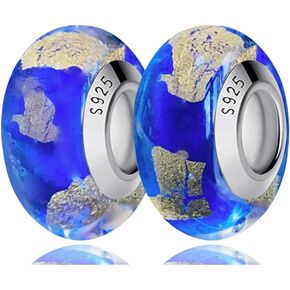 2 Murano Glass Charms for Pandora Bracelets Gold Foil Inlay 925 Sterling Silver Murano Glass Bead Charms Women's Bead Charms