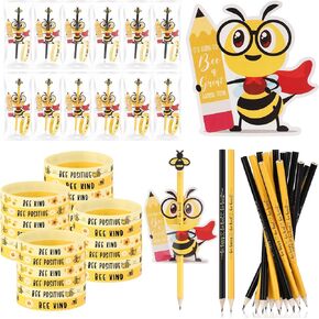 36 Sets Bee Themed Back to School Gifts for Students from Teacher Bulk Cute Pencil Bee Erasers Silicone Bracelet Inspirational Back to School Cards for Teacher Must Have Classroom Decor