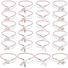 PH PandaHall 24Pcs Breast Cancer Bracelets Awareness Leather Bracelet, Handmade Pink Ribbon Leather Cords Braided Bracelet Adjustable Hope for Women Fighter Breast Cancer Jewelry