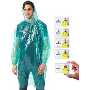Disposable green Rain Ponchos for Adults with Hood bulk,travel poncho rain coats for emergency,pocket poncho adult compact for women men (5 pack)