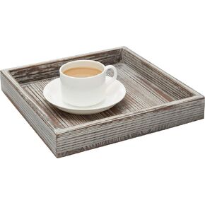 MyGift Rustic Solid Torched Wood Decorative Serving Tray, 10 Inch Square Versatile Breakfast Ottoman Coffee Table Tray Spring Tray Home Decor